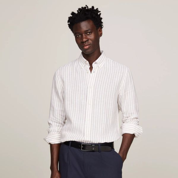 Tommy Hilfiger Bold Linen Stripe Overhemd Beige/Wit