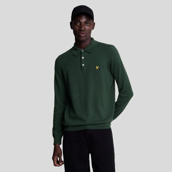Lyle & Scott Cotton Merino Knitted Longsleeve Polo Donker Groen