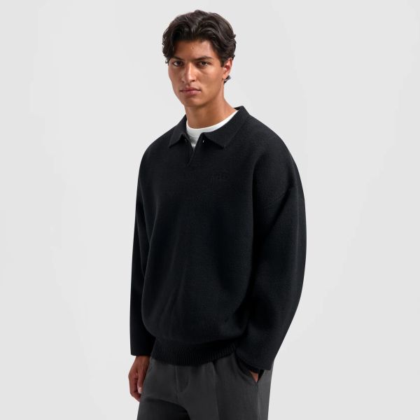 Olaf Oversized Knitted Longsleeve Polo Zwart
