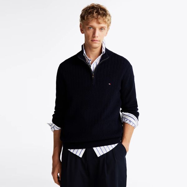 Tommy Hilfiger Herringbone Structure Zip Mock Sweater Navy