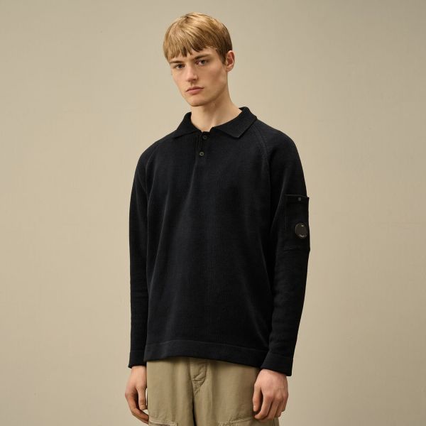 CP Company Chenille Cotton Knit Longsleeve Polo Navy