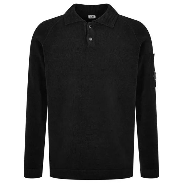 CP Company Chenille Cotton Knit Longsleeve Polo Zwart