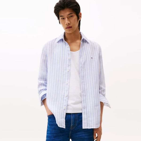 Tommy Hilfiger Linen Essential Stripe Overhemd Licht Blauw/Wit
