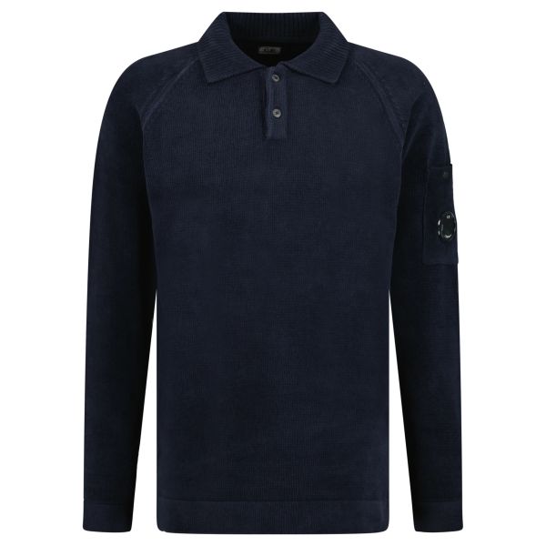 CP Company Chenille Cotton Knit Longsleeve Polo Navy